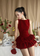 Aidric Puff Detail Velvet Mini Dress In Red