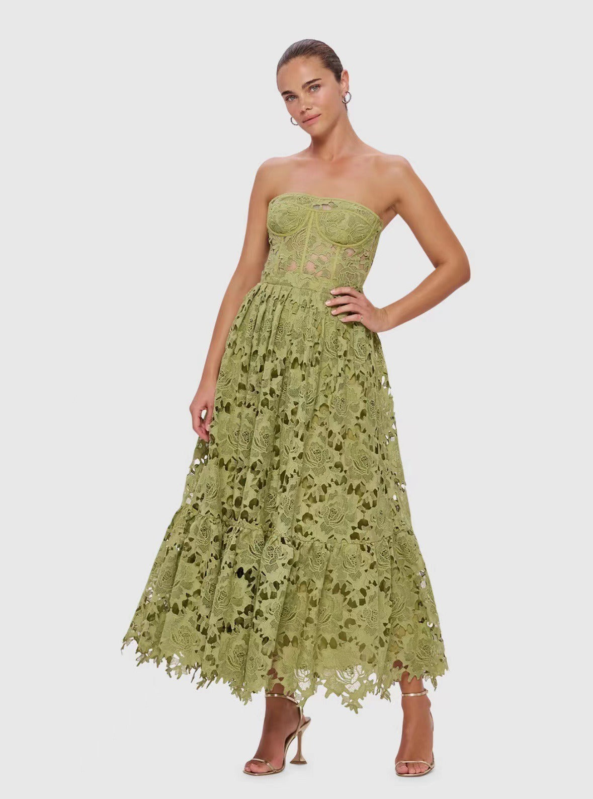 Isoline Lace Floral Embroidered Cutout Midi Dress