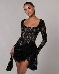 Taldrex Long Sleeve Lace Insert Corset Mini Dress In Black