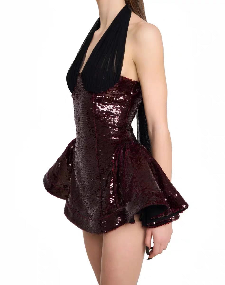 Laldris Halter Sequin Corset Mini Dress In Burgundy
