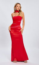 Daeira Strapless Crystal Draped Maxi Dress In Red