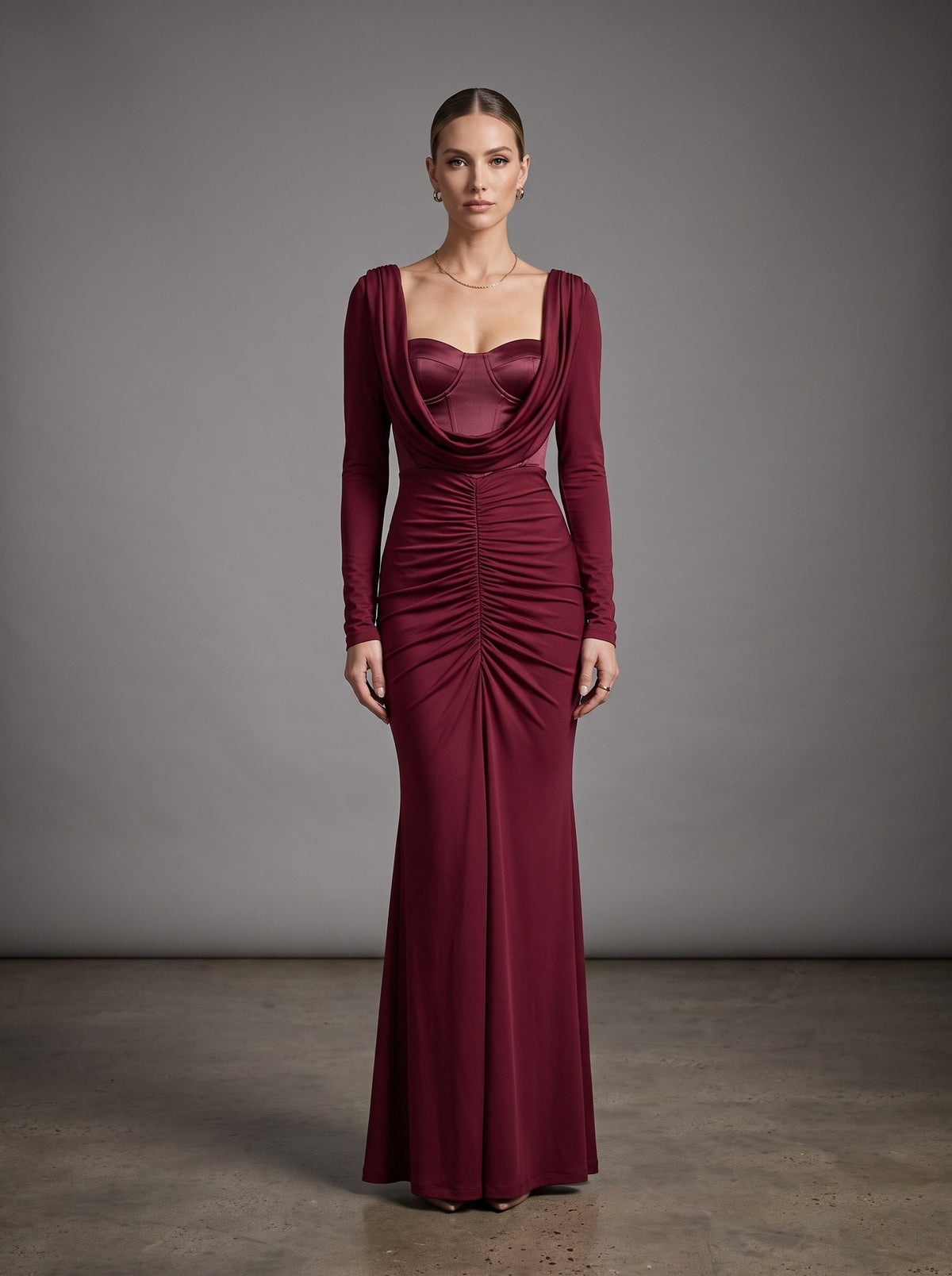 Evarik Long Sleeve Draped Bustier Maxi Dress