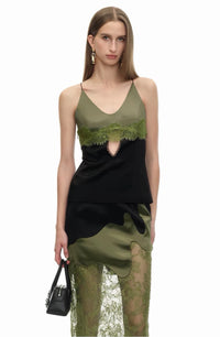 Deyvon Olive Green Lace Spaghetti Strap Top & Skirt Set