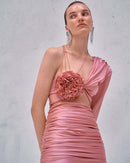 Patey Floral One Shoulder Satin Mini Dress In Pink