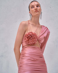 Patey Floral One Shoulder Satin Mini Dress In Pink
