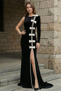 Fareeha One Sleeve Bow Detail Maxi Velvet Dress In Black White