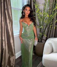 Kaelyra Strapless Crystal Bustier Sparkly Maxi Dress In Green