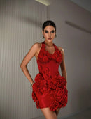 Pryssa Halter Crystal Floral Mini Dress In Red