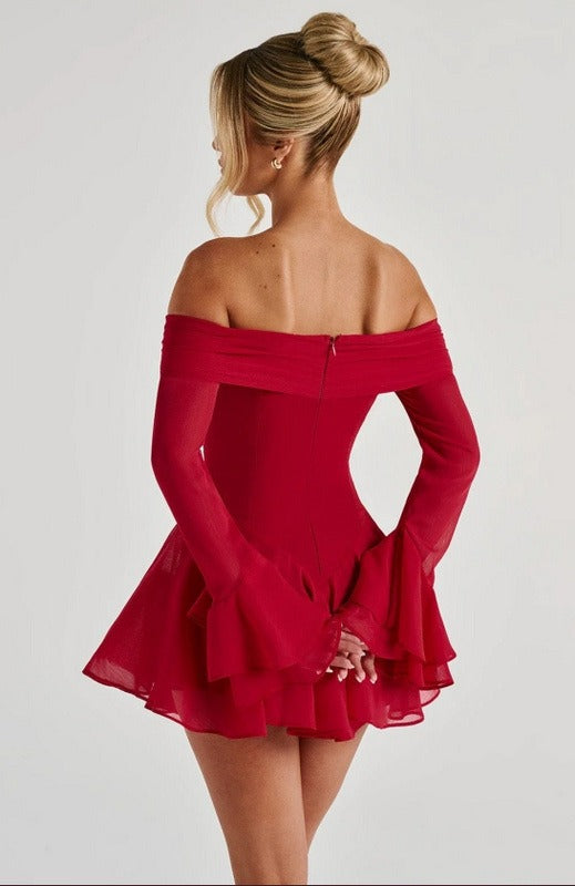 Jancis Long Sleeve Bardot A Line Dress In Red