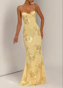 Dichen Yellow Floral Appliqué Corset Maxi Dress