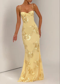 Dichen Yellow Floral Appliqué Corset Maxi Dress