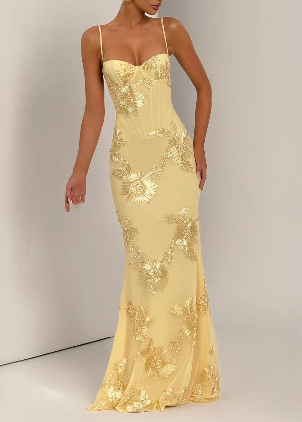 Dichen Yellow Floral Appliqué Corset Maxi Dress