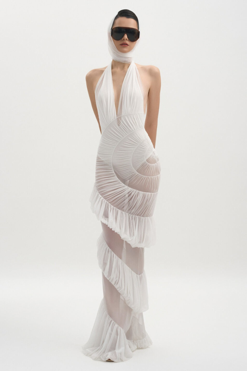 Rohak Halter Ruched Ruffle Maxi Dress In White