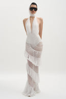 Rohak Halter Ruched Ruffle Maxi Dress In White