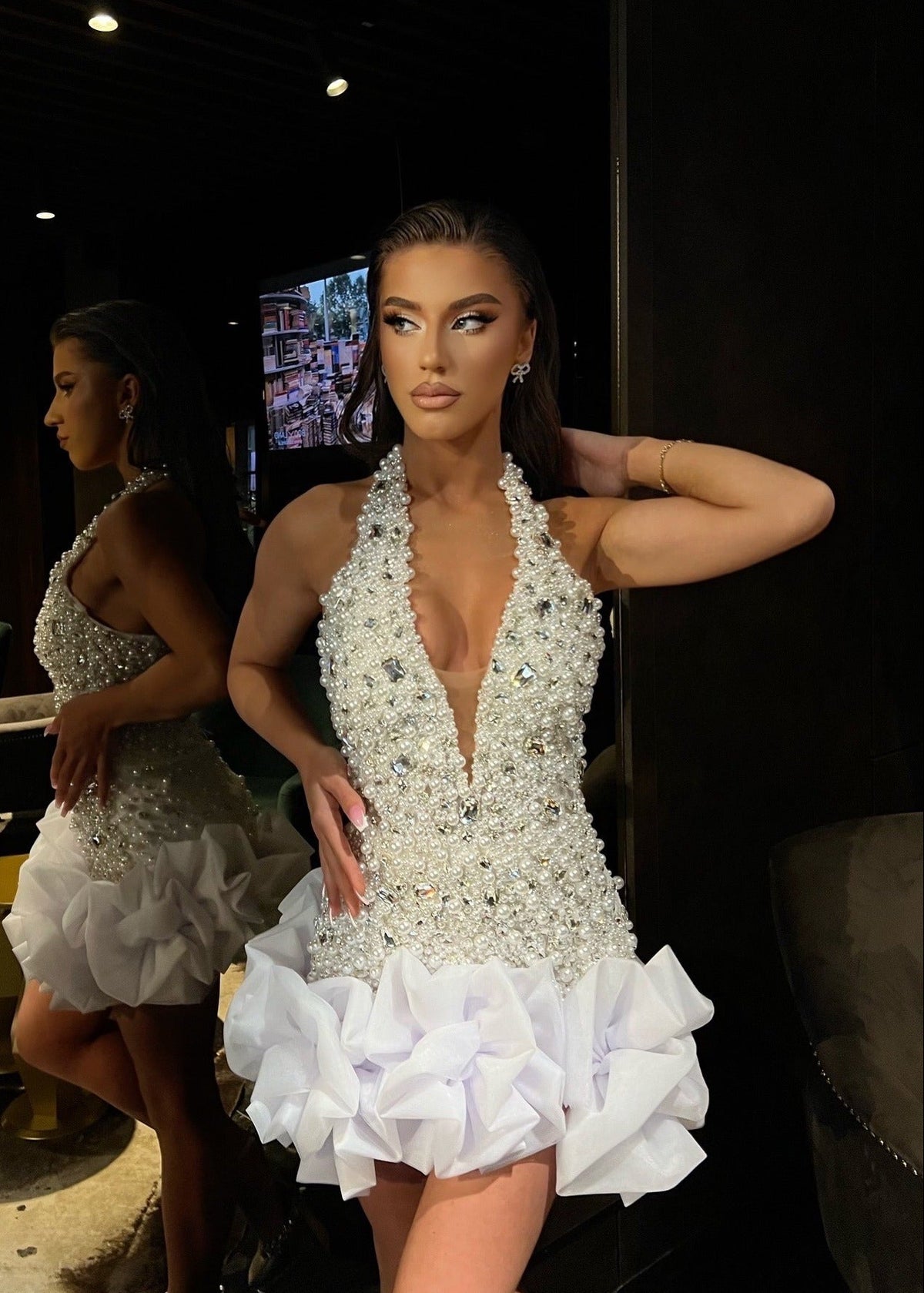 Damien Halter Pearl Crystal Mini Dress In White
