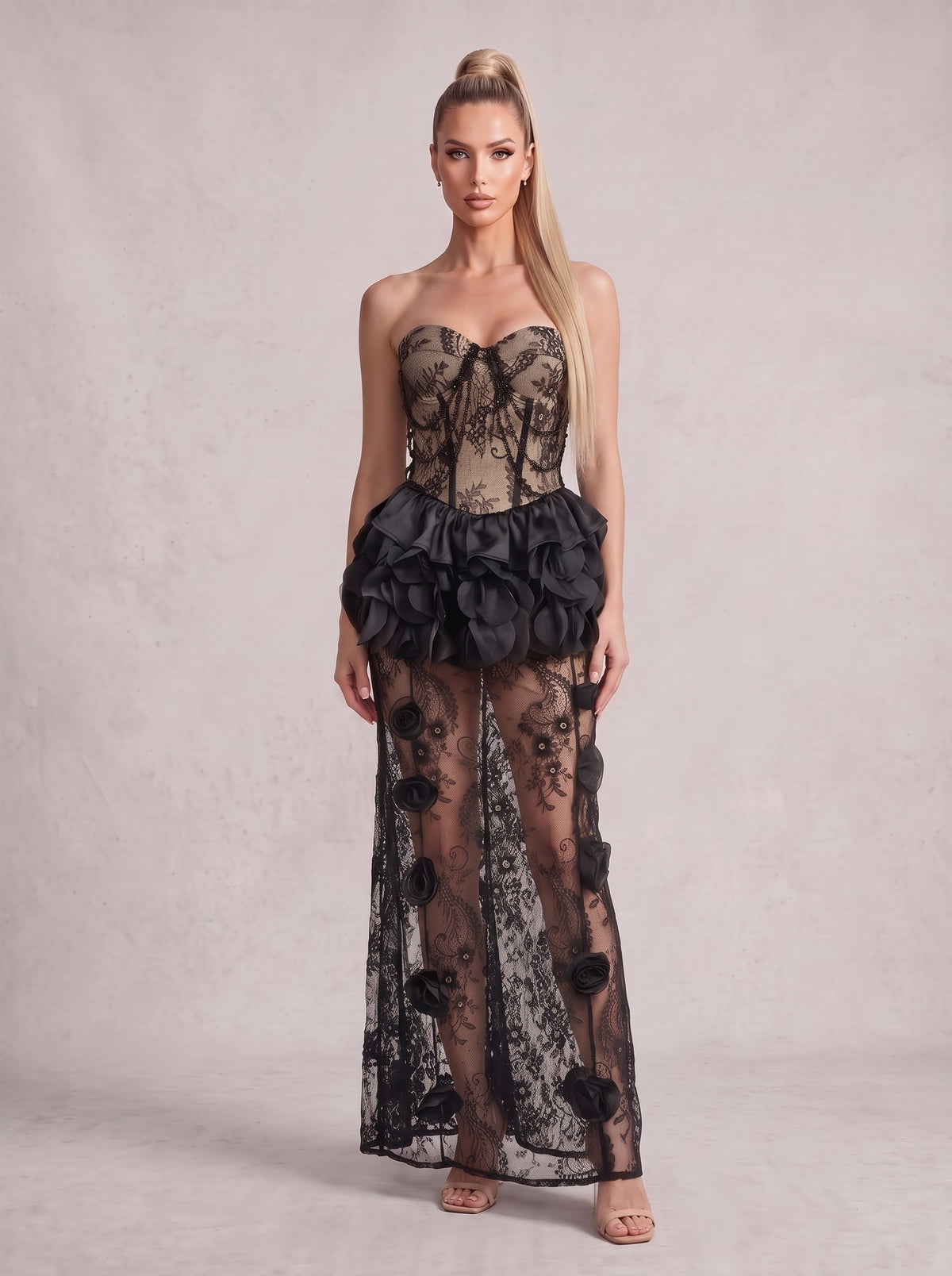 Cindrel Strapless Lace Ruffle Maxi Dress