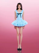 Vestra Mesh Lace Puffy Mini Dress In Blue