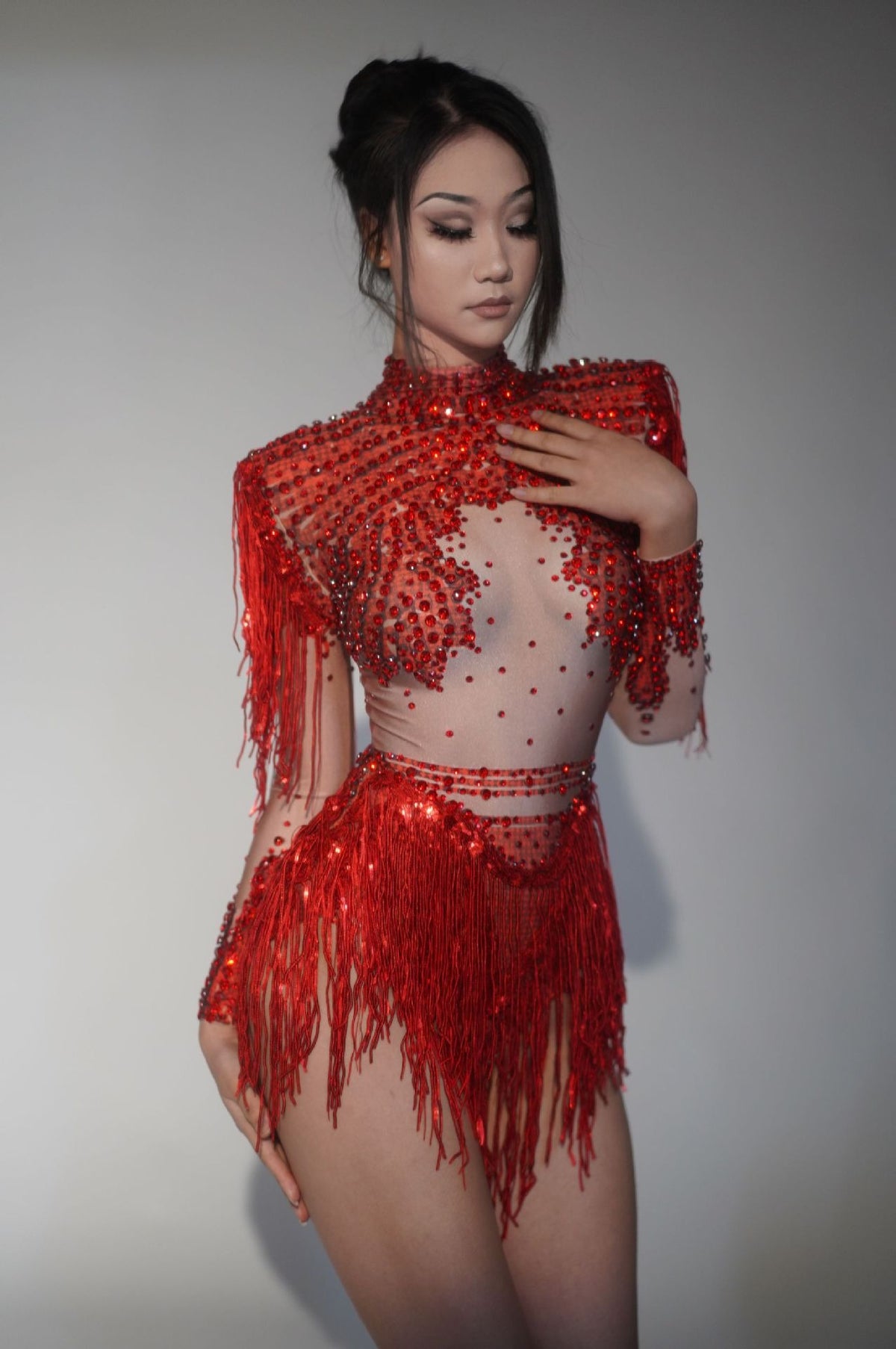 Paniz Rhinestone Fringe Bodysuit In Silver