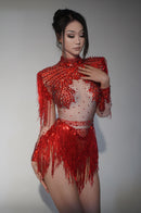 Paniz Rhinestone Fringe Bodysuit In Silver