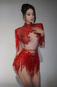 Paniz Rhinestone Fringe Bodysuit In Silver