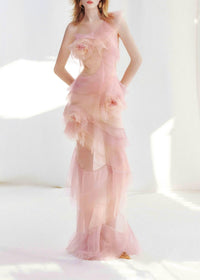 Frymet Floral-Embellished Ombré Pink Ruffled Maxi Dress