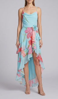 Ares Floral-Print Ruffled Silk Midi Dress In Light Blue