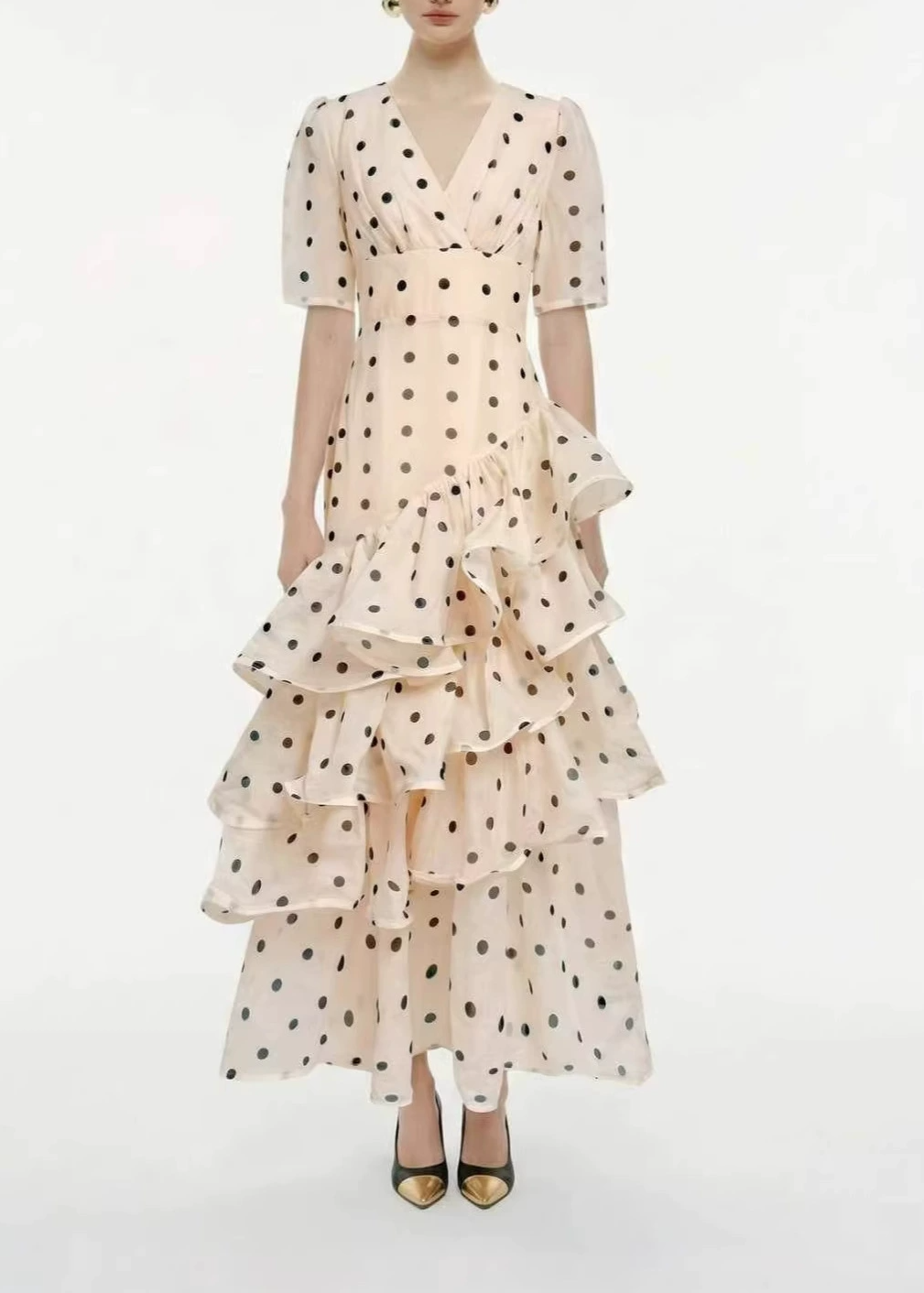 Elizette V Neck Dot Ruffle Maxi Dress