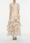 Elizette V Neck Dot Ruffle Maxi Dress
