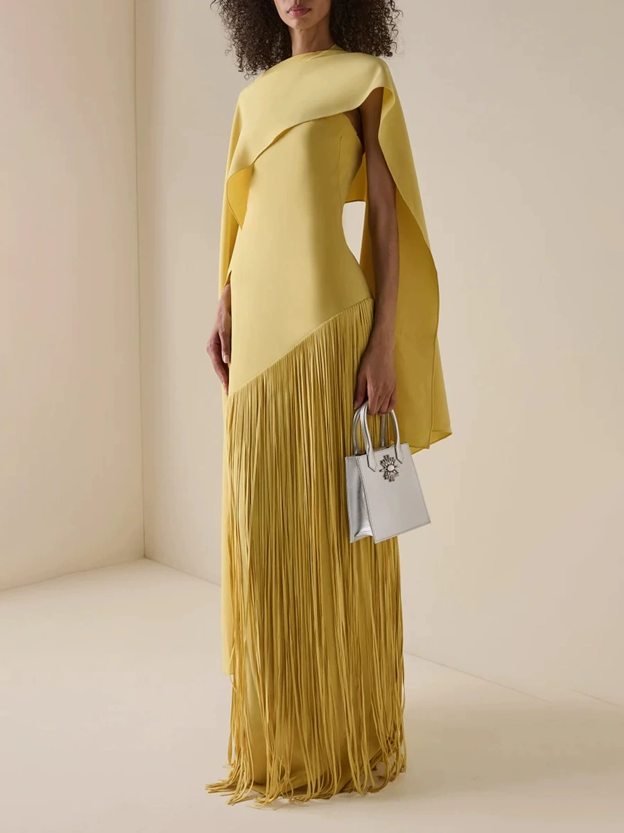 Juniper Yellow Fringed Maxi Dress With Shawl Detail