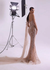 Murevia White One-Shoulder Tulle and Pearl Maxi Dress