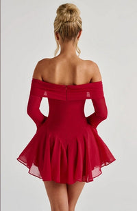 Jancis Long Sleeve Bardot A Line Dress In Red