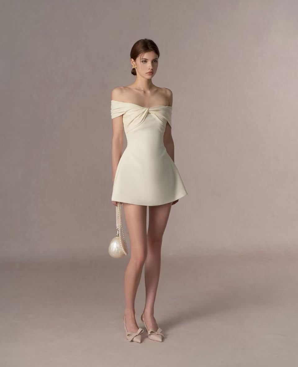 Grimric White Off Shoulder Mini Dress with Twist Front