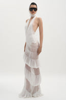 Rohak Halter Ruched Ruffle Maxi Dress In White