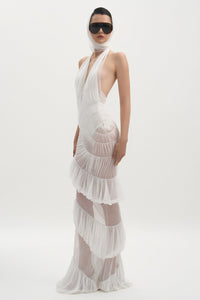 Rohak Halter Ruched Ruffle Maxi Dress In White