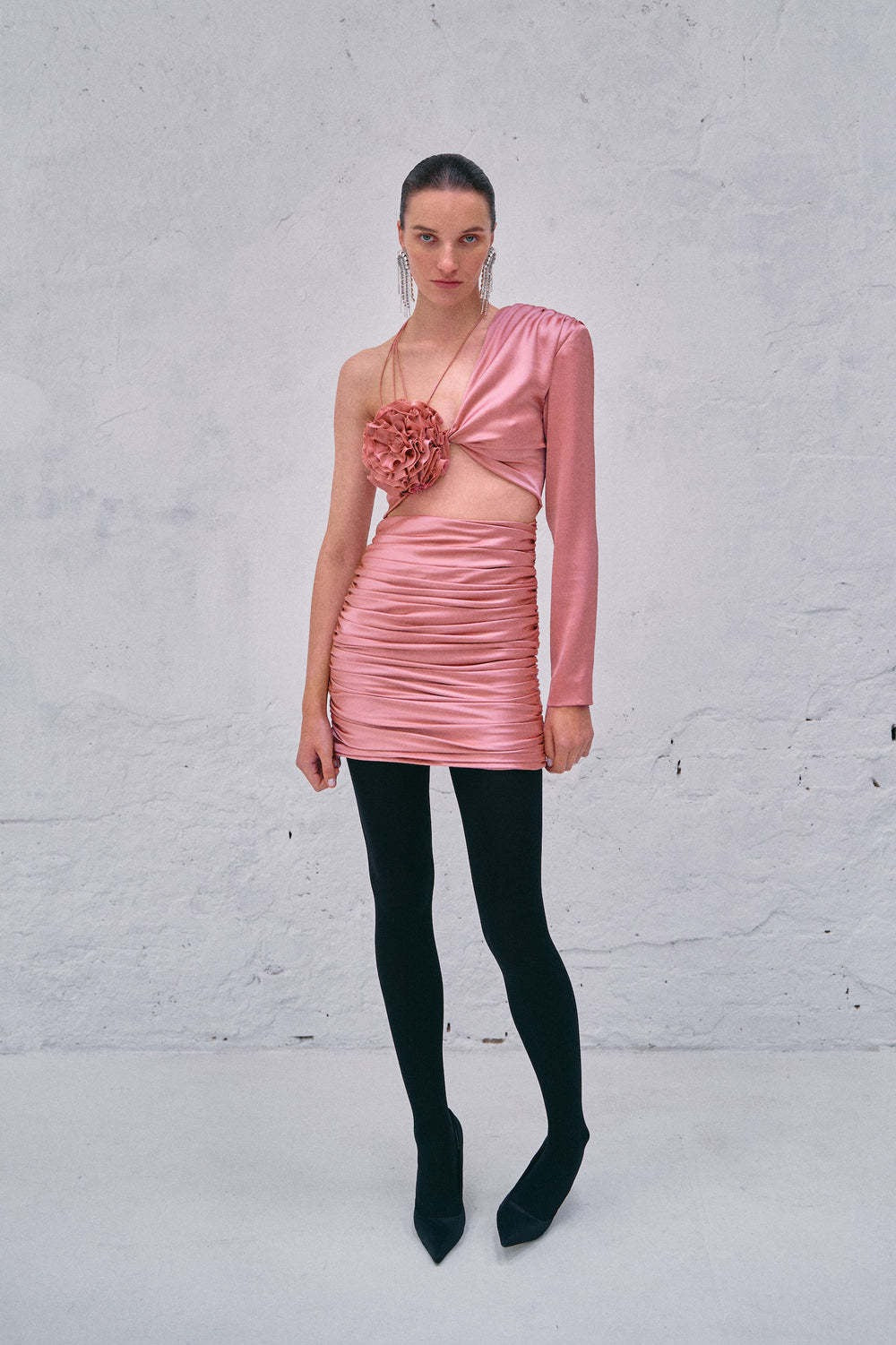 Patey Floral One Shoulder Satin Mini Dress In Pink