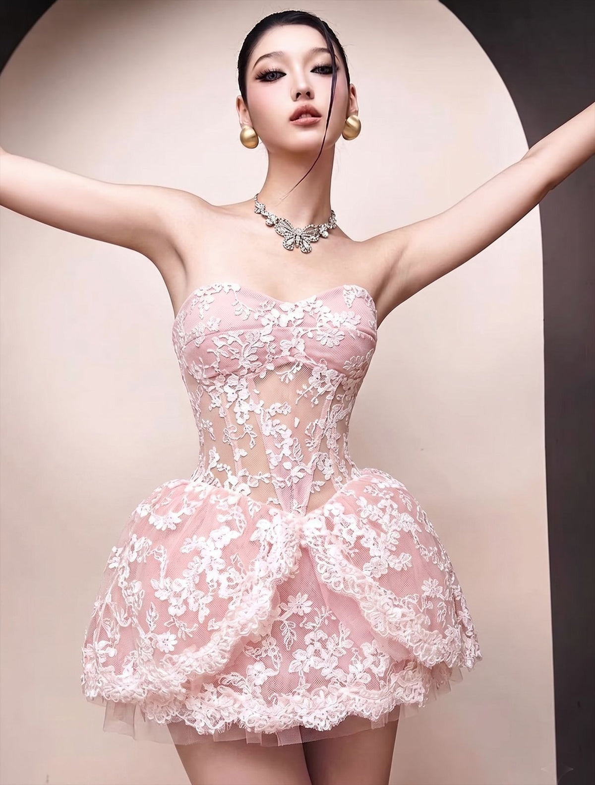 Lyubov Strapless Lace A Line Mini Dress