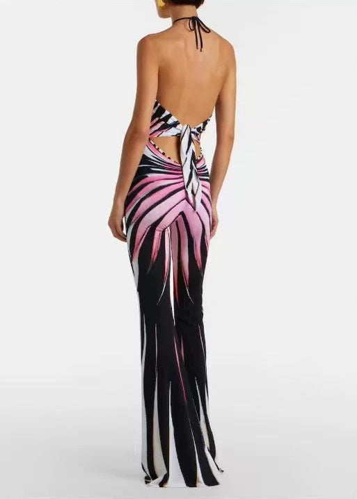 Pelsora Backless Stripe Jumpsuit In Pink