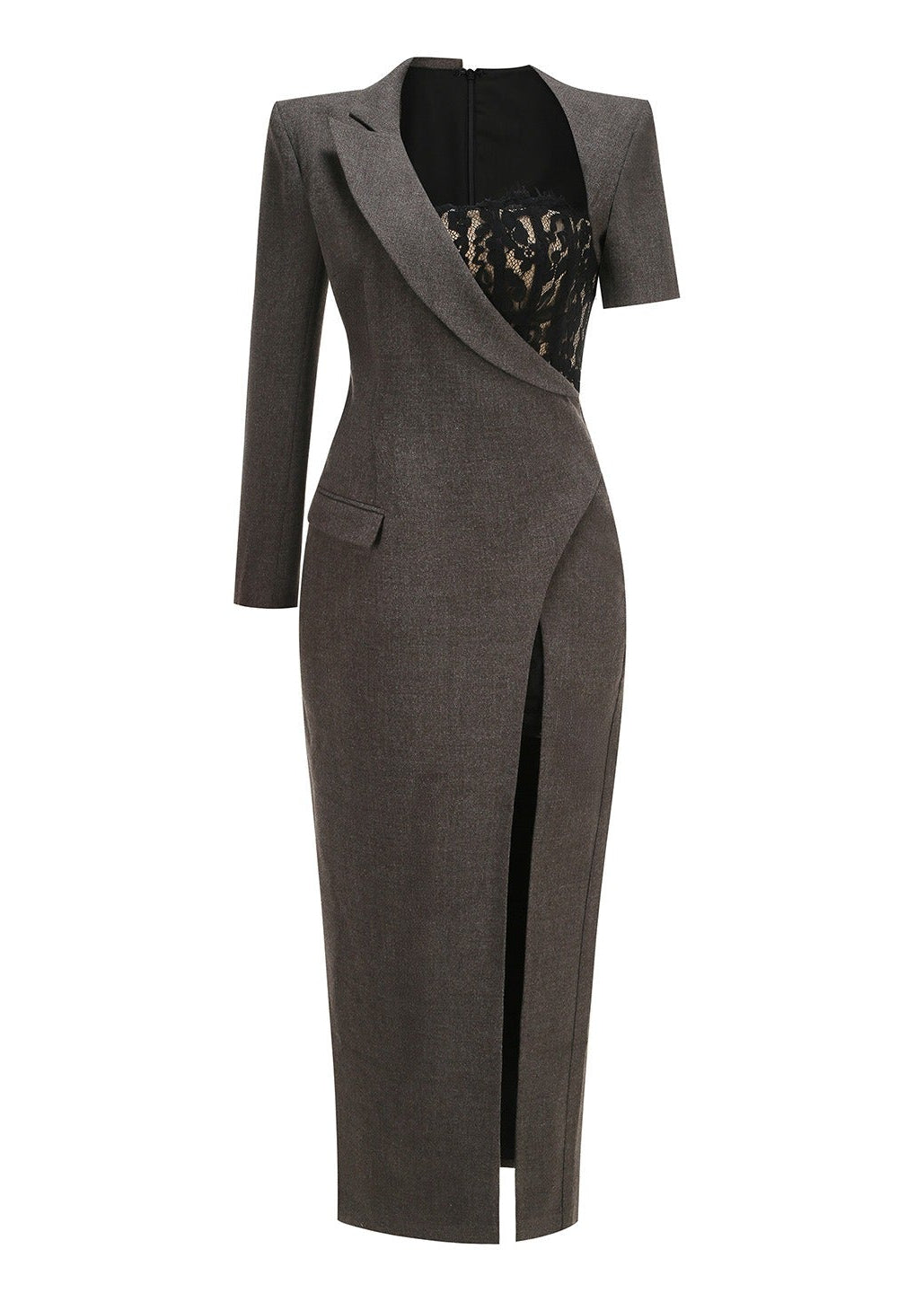Gormex Asymmetrical Long-Sleeve Lace Blazer Maxi Dress