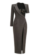 Gormex Asymmetrical Long-Sleeve Lace Blazer Maxi Dress