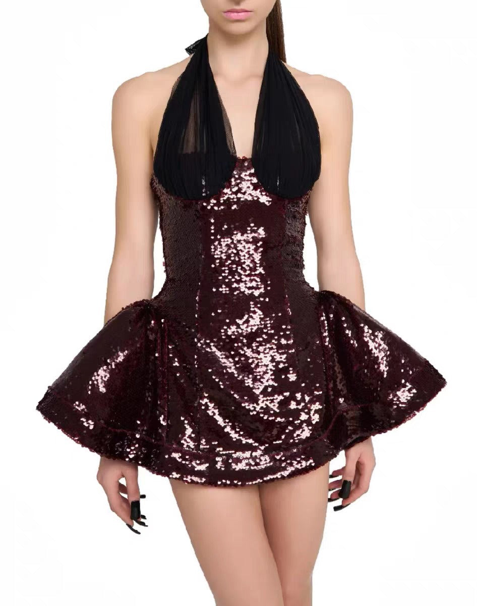 Laldris Halter Sequin Corset Mini Dress In Burgundy