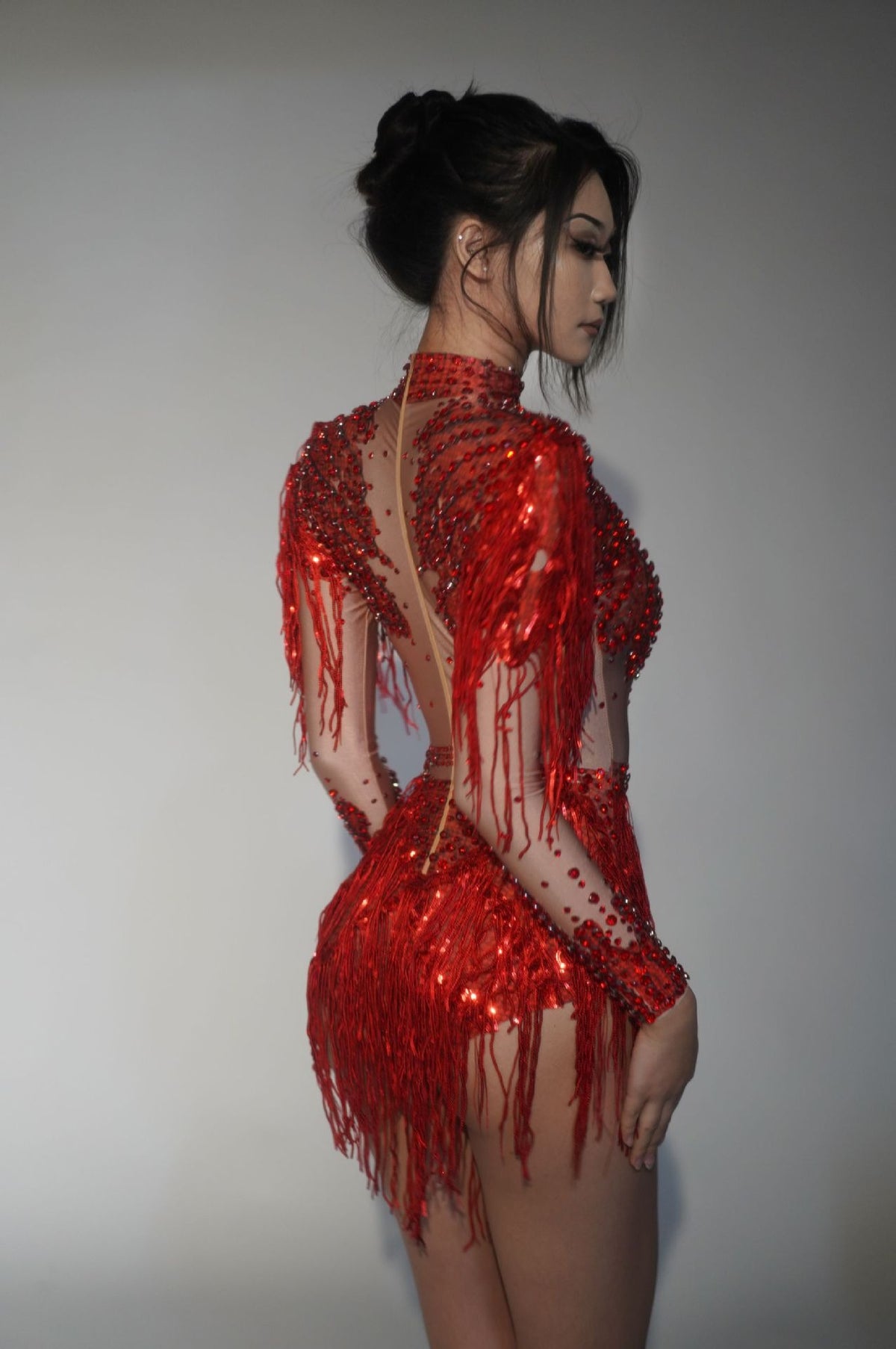 Paniz Rhinestone Fringe Bodysuit In Silver