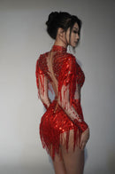 Paniz Rhinestone Fringe Bodysuit In Silver