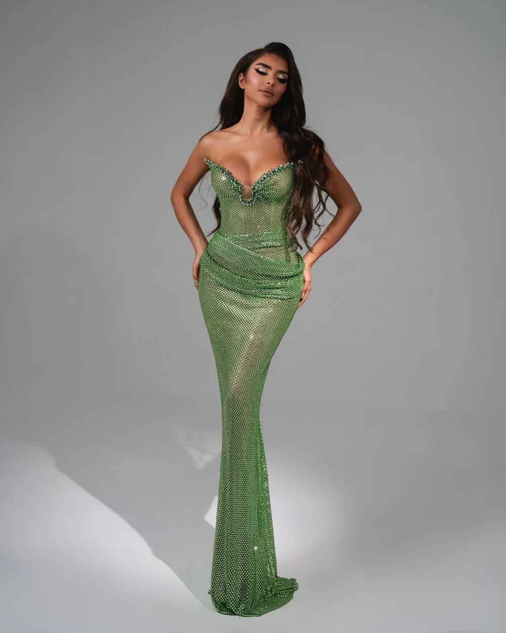 Kaelyra Strapless Crystal Bustier Sparkly Maxi Dress In Green