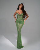Kaelyra Strapless Crystal Bustier Sparkly Maxi Dress In Green
