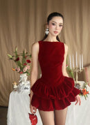 Aidric Puff Detail Velvet Mini Dress In Red