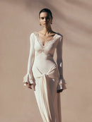 Grabrol Long Sleeve Lace Draped Maxi Dress In White