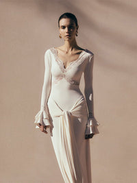 Grabrol Long Sleeve Lace Draped Maxi Dress In White