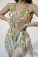 Jelliton Rhinestone Fringe Mesh Mini Bodysuit In Gold