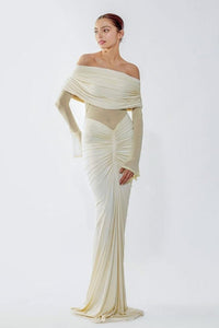 Geyeron Long Sleeve Draped Bardot Maxi Dress In Ivory