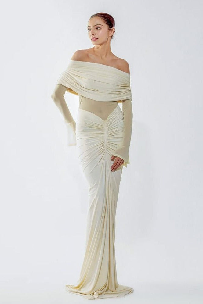 Geyeron Long Sleeve Draped Bardot Maxi Dress In Ivory
